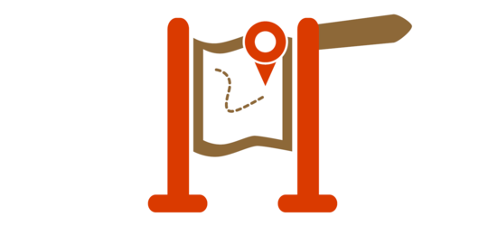 Symbolische Darstellung eines Schilderhalters mit einer Karte und einem Wegweiser. Link zur Kategorie Beschilderung.